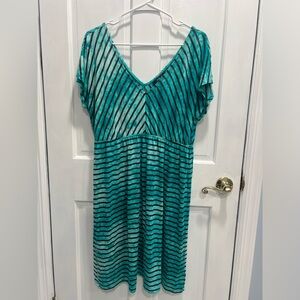 STYLE & CO Teal & Black Striped Elastic Waist V Neck Dress SIZE XL Pre Loved